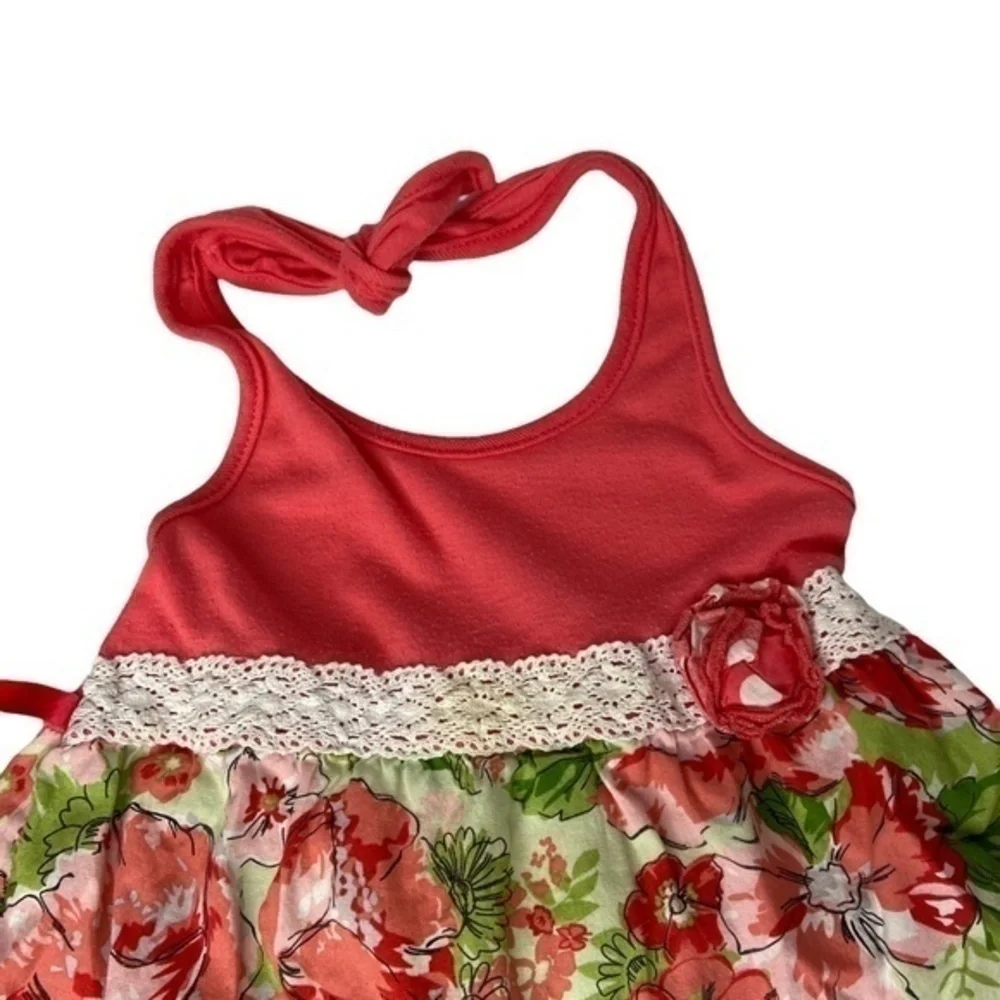 Pinky Girls Halter Dress Size 5 Lace Waist Detail Floral and Polka Dot Print